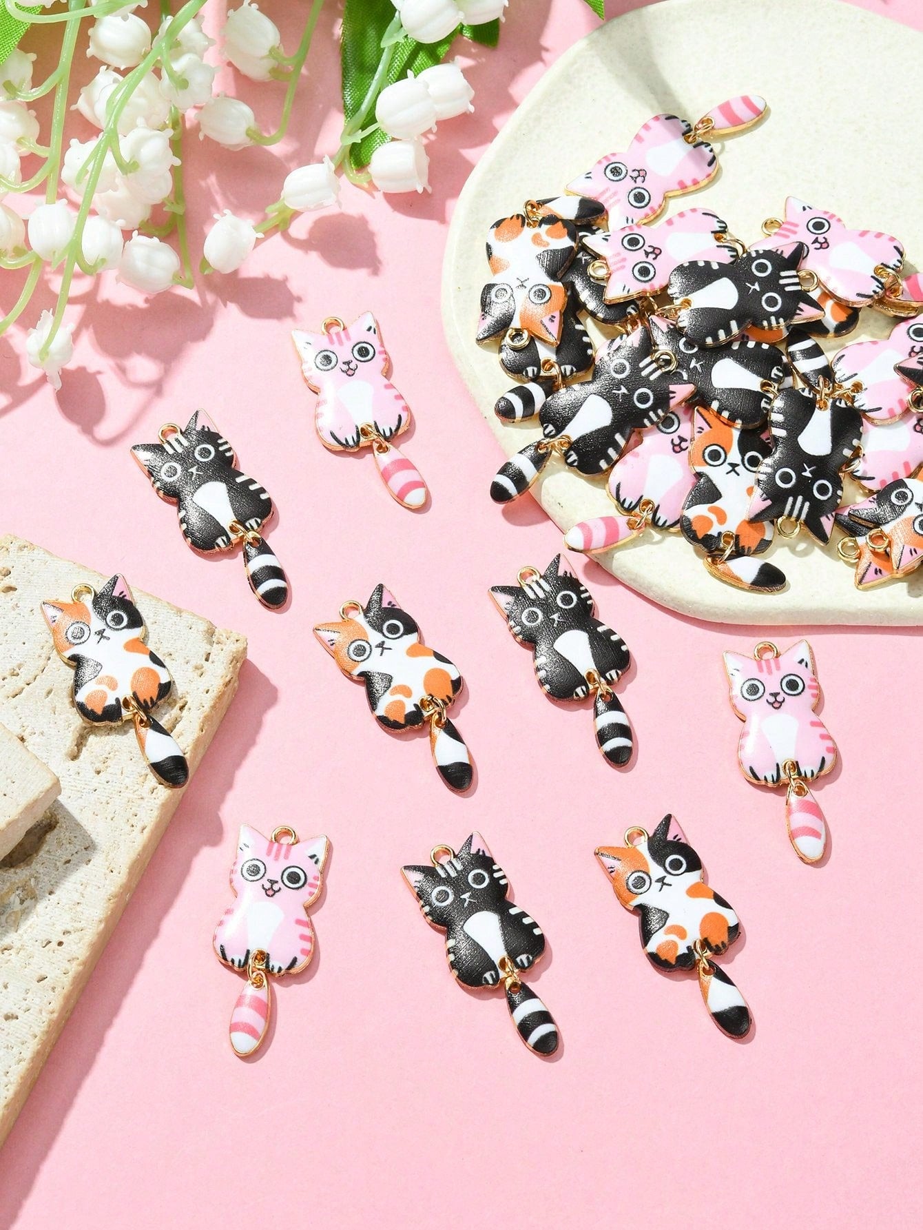 10pcs Zinc Alloy Printed Cute Cat Pendants, Suitable For Diy Jewelry Making (Necklace, Earrings, Bracelet)-Multicolor-1