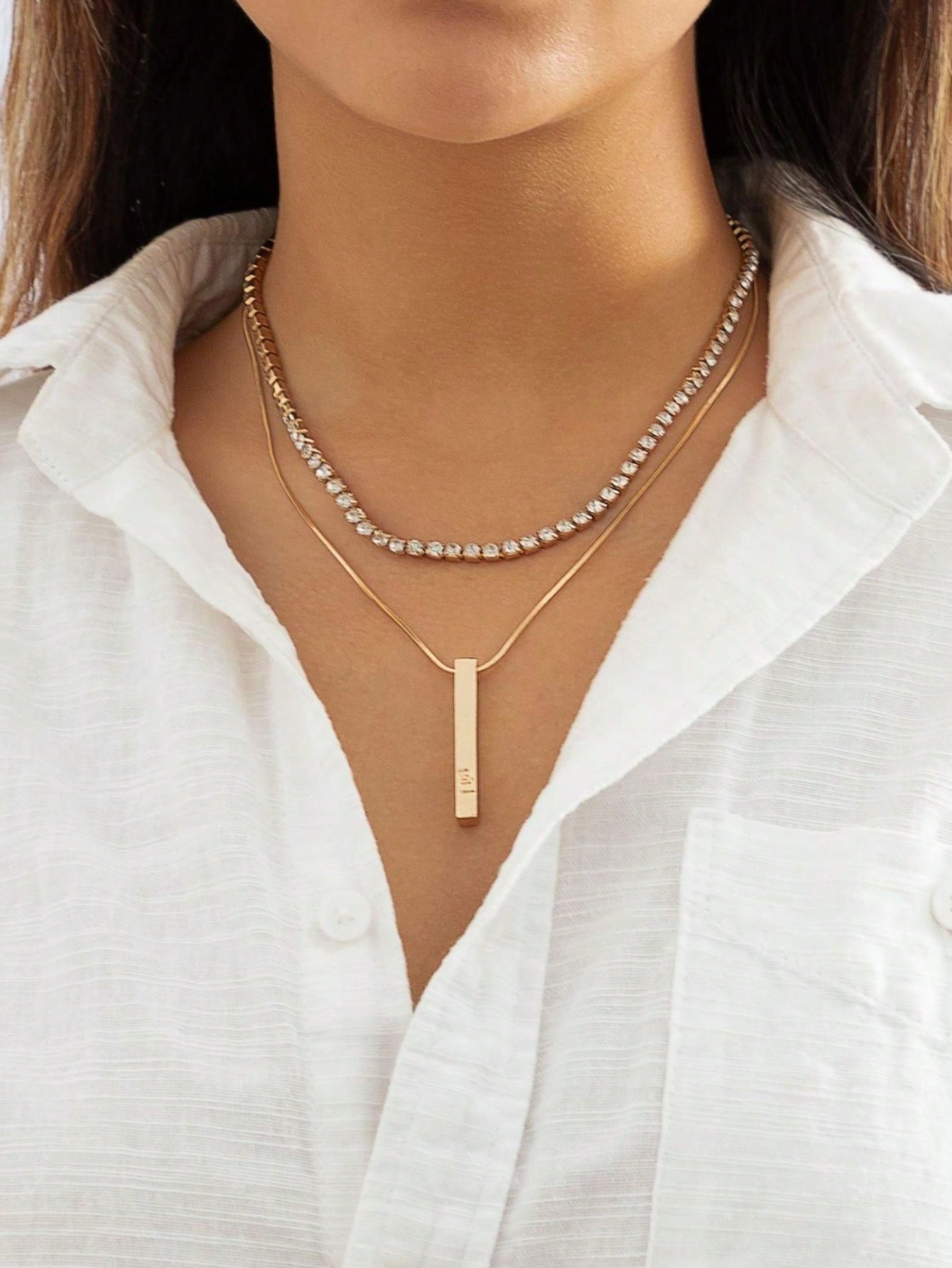 1pc Simple Minimalist Style Geometric Metal Bar Collarbone Necklace-Gold-1