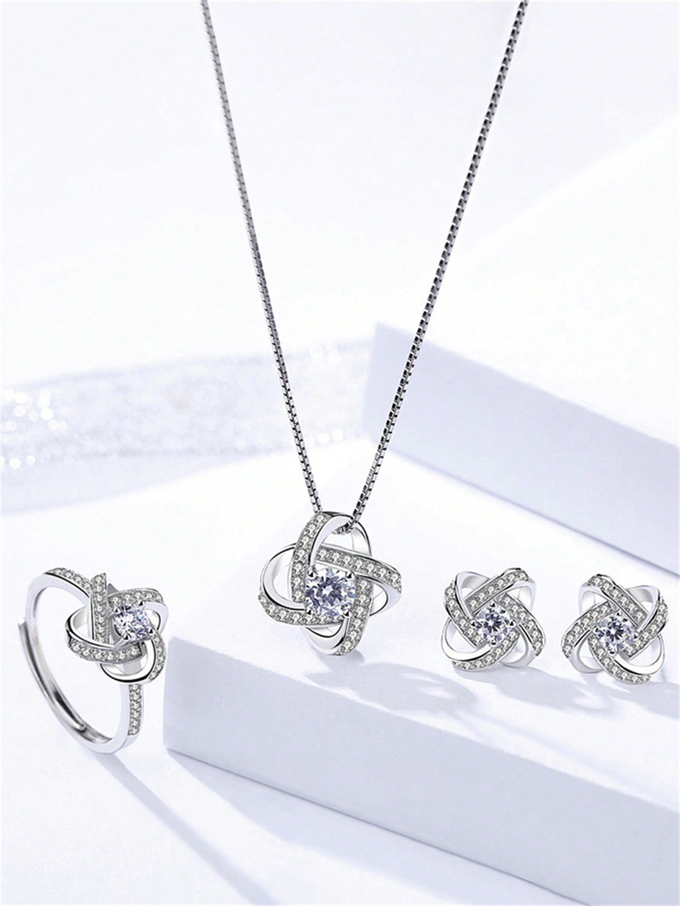 A Set Of 925 Silver Jewelry Contains A Cubic Zirconia Embedded Flower Pendant Necklace, A Pair Of Flower Earrings And An Open Design Flower Ring. Comes With A Gift Box. Fashionable And Luxurious Design Perfect For Valentine's Day, Wedding Or Date--1