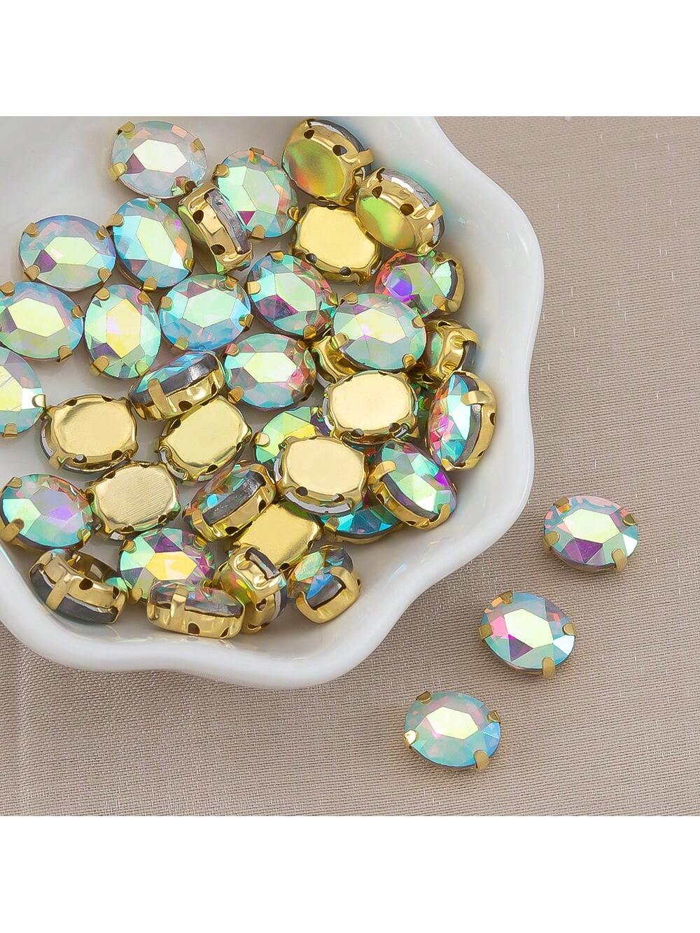 50pcs/Pack 0.8x1cm Oval Acrylic Rhinestone With 4 Holes And Gold Brass Bottom Hole For Sewing, Clothing, Wedding Dress, Jewelry Making Diy Crafts, Bracelets, Necklaces, Sales-Multicolor-1