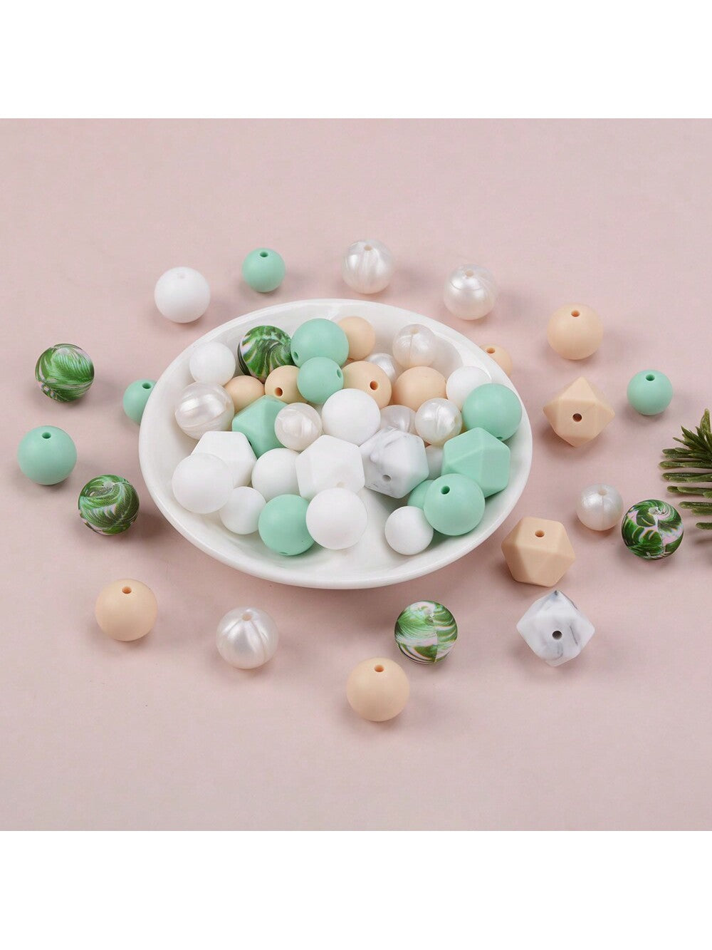 53pcs Milk Flower Printed Silicone Beads, 15mm Circular Loose Beads For Jewelry Making, DIY Necklace Bracelet Key Bag Phone Chain, Handmade Craft Supplies--1