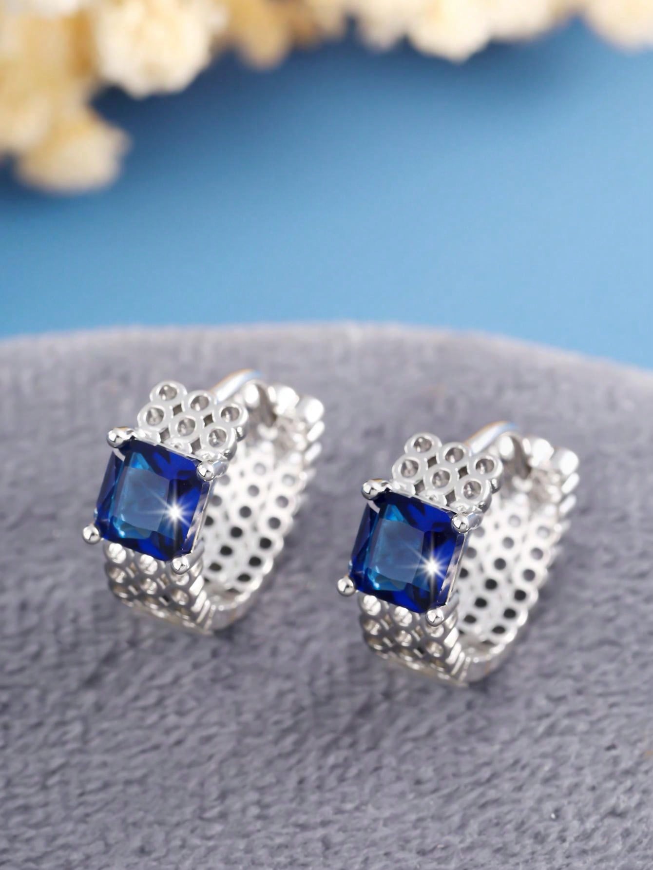 Youhan ▕ 1pair Minimalist Cube Shape Micro Pave Cubic Zirconia Earrings For Women, Date & Birthday Gift-Blue-1