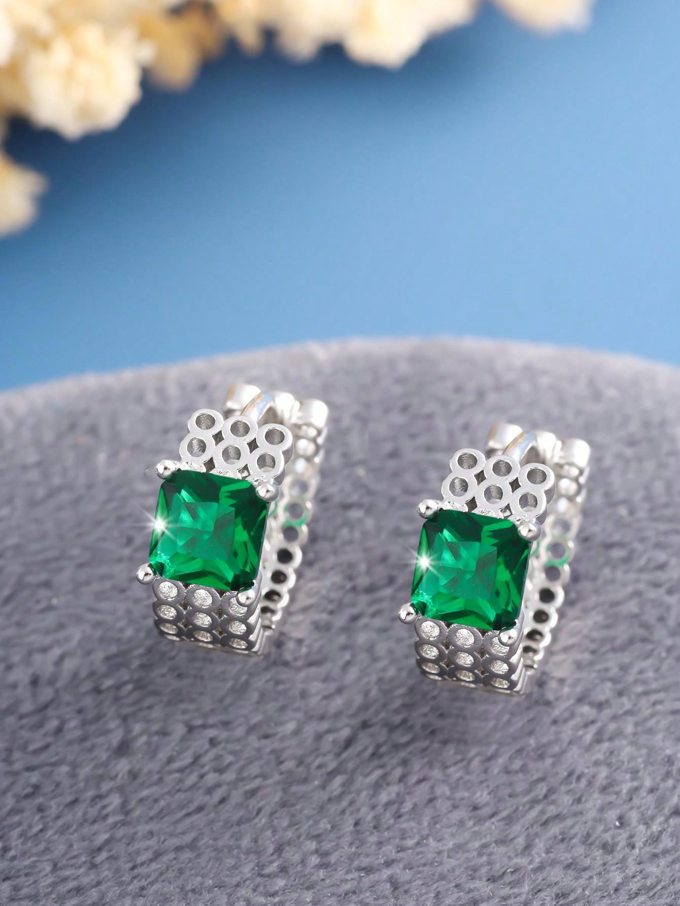 Youhan▕ 1pair Minimalist Style Square Cubic Zirconia Stud Earrings For Women Dating Birthday Gift-Green-1