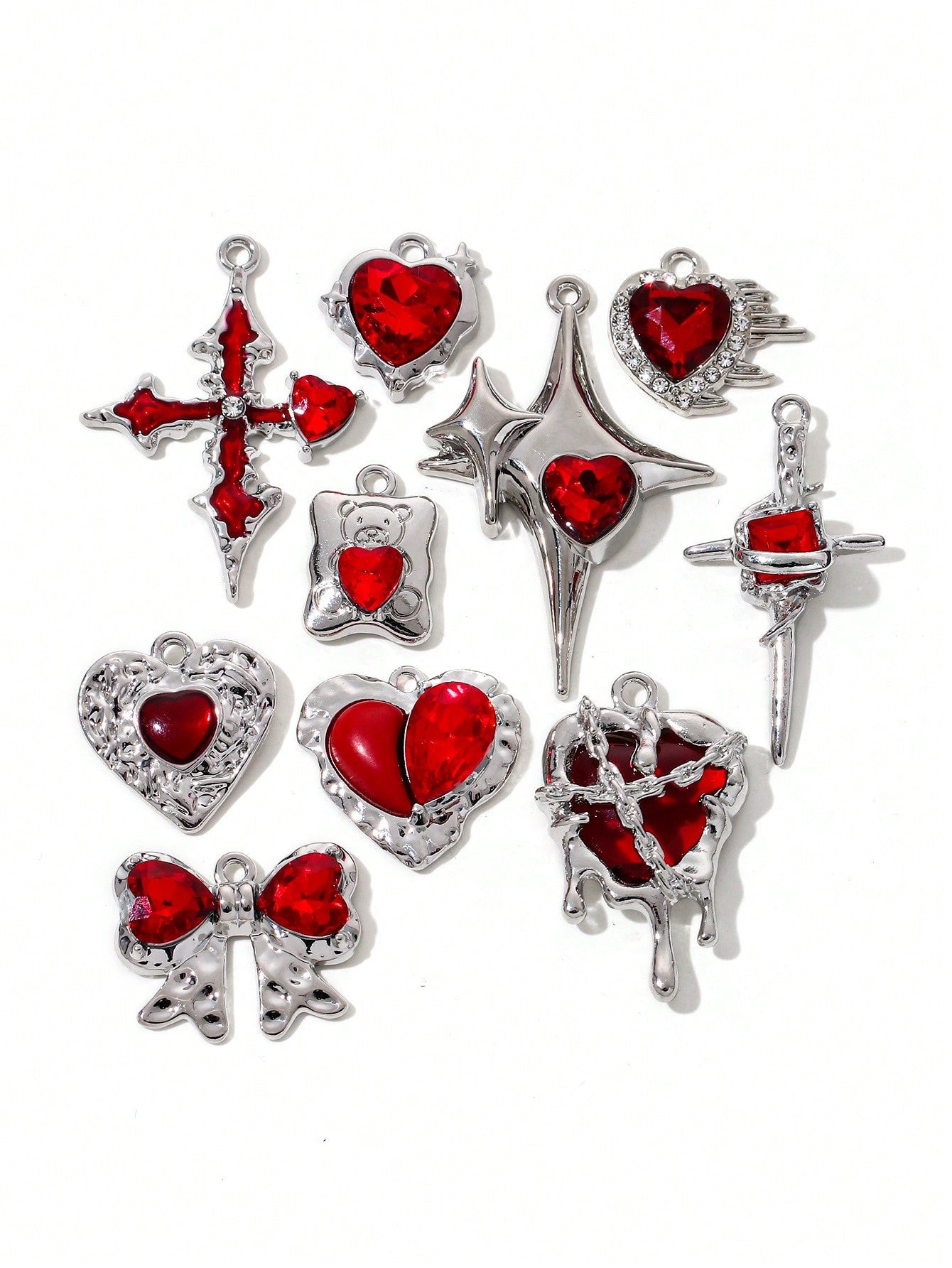 10pcs Random Y2k Rhinestone Cross & Heart Shaped Diy Jewelry Pendant For Necklace & Bracelet Making-Red-1