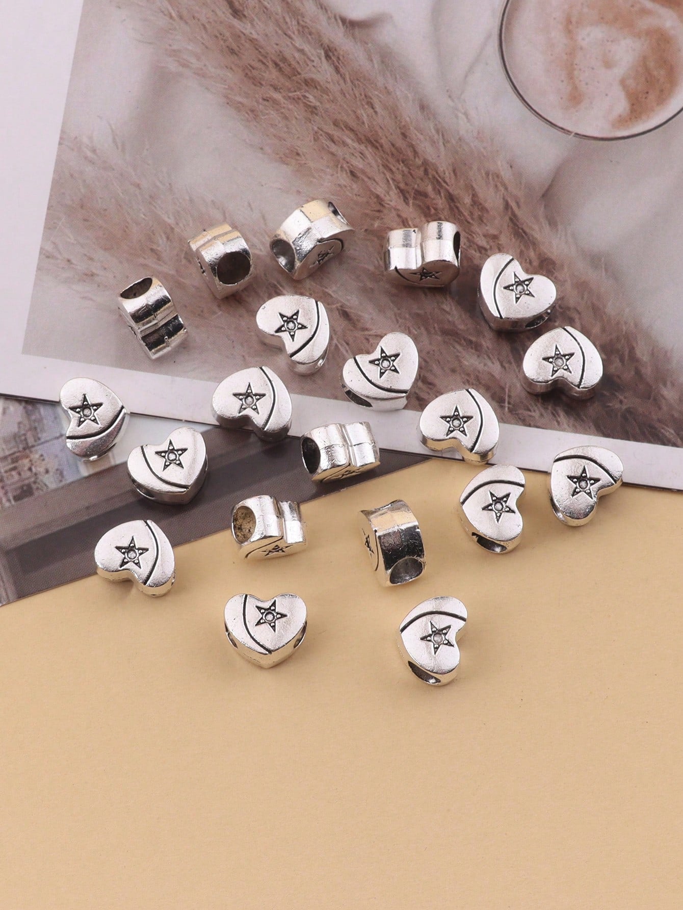 15pcs Fashionable Retro Style Large Hole Beads Alloy Love Heart Shaped Five-Pointed Star Pattern Beads For Bracelet Necklace Diy Jewelry Making-Antique Silver-1